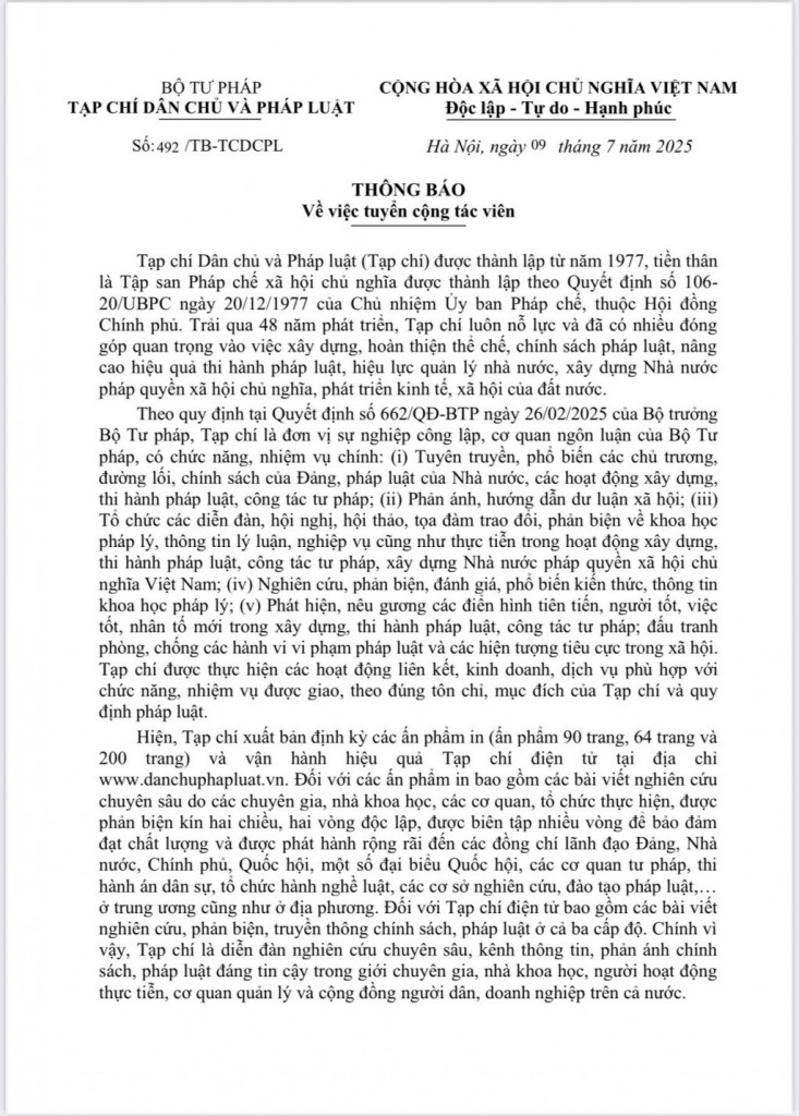 Thông báo về việc tuyển cộng tác viên Thông báo về việc tuyển cộng tác viên