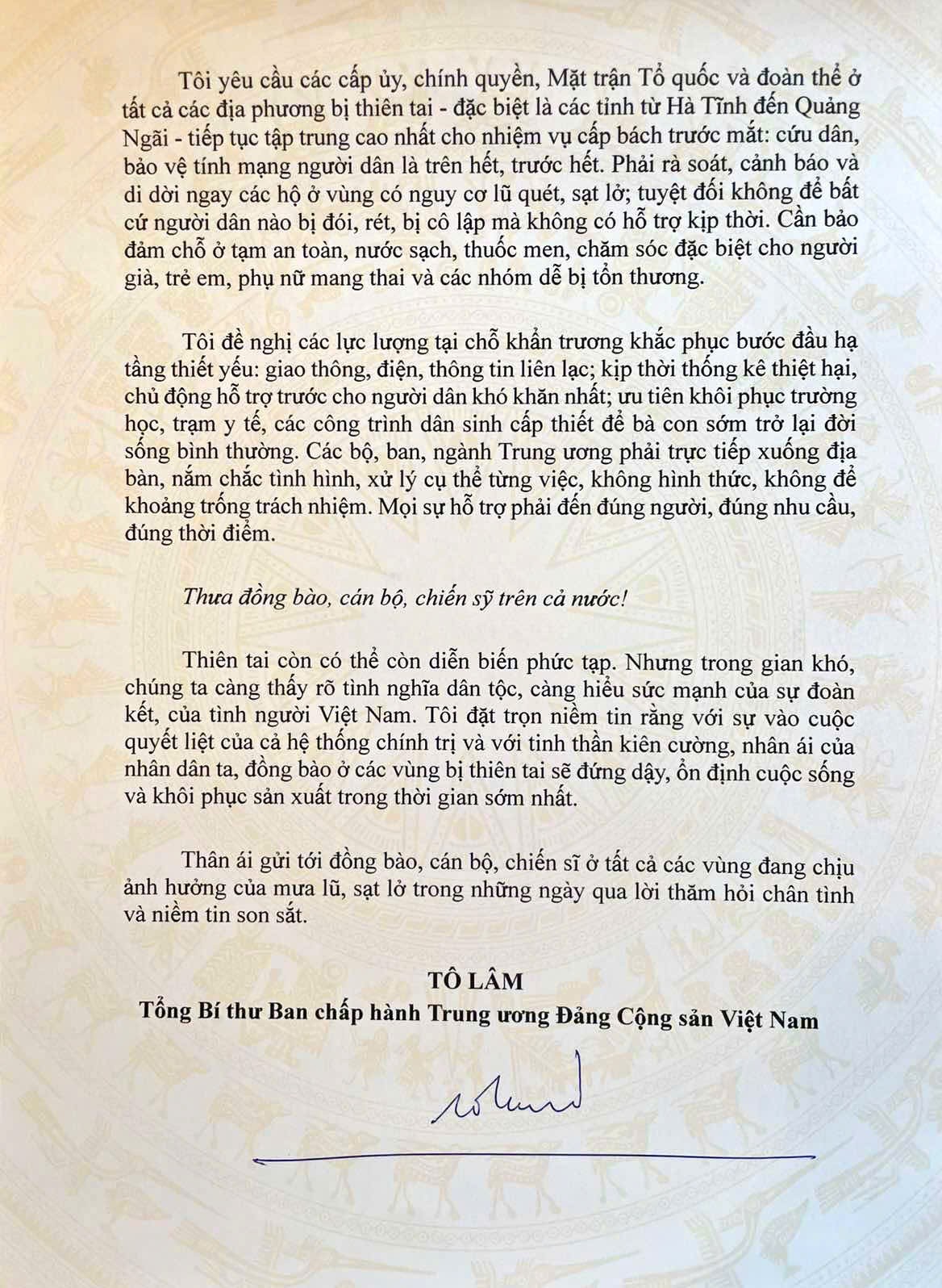 Tổng Bí thư Tô Lâm gửi thư thăm hỏi, động viên đồng bào, cán bộ, chiến sỹ trên cả nước đang ứng phó, khắc phục hậu quả thiên tai trong những ngày vừa qua Tổng Bí thư Tô Lâm gửi thư thăm hỏi, động viên đồng bào, cán bộ, chiến sỹ trên cả nước đang ứng phó, khắc phục hậu quả thiên tai trong những ngày vừa qua