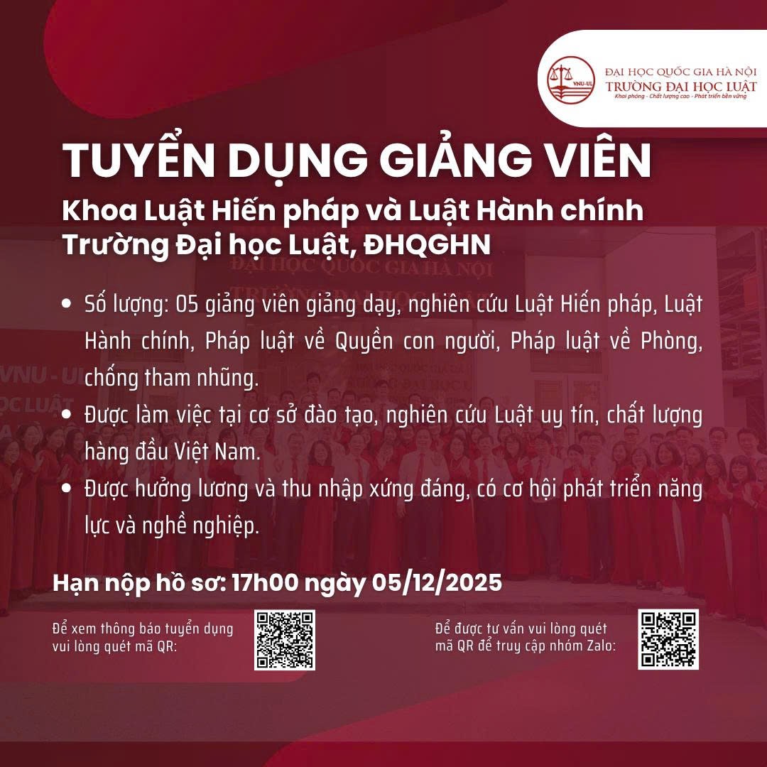 Tuyển dụng giảng viên Khoa Luật Hiến pháp và Luật Hành chính - Trường Đại Luật, ĐHQGHN