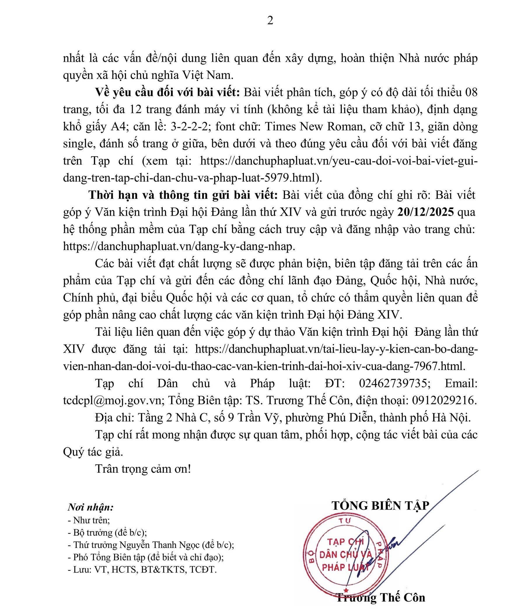 Thư mời viết bài, đóng góp ý kiến dự thảo các văn kiện trình Đại hội XIV của Đảng