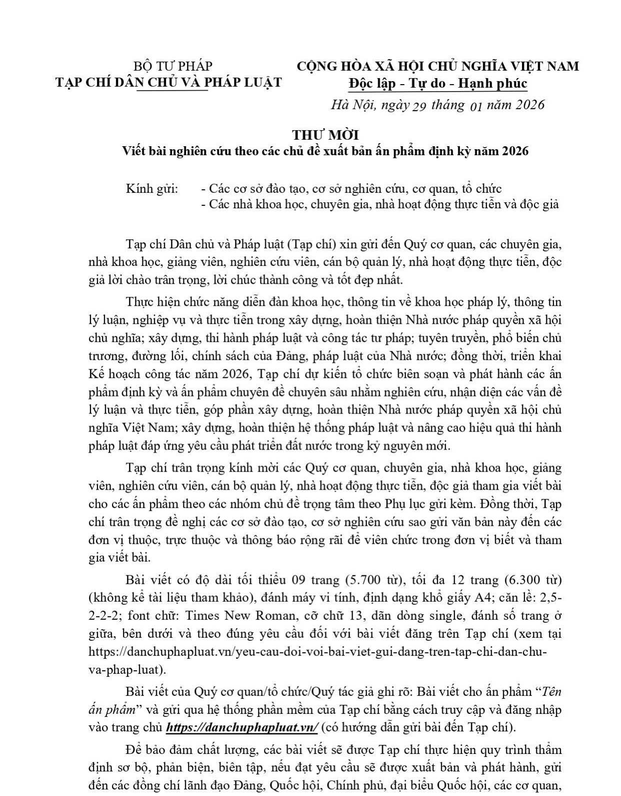 Thư mời viết bài theo các chủ đề xuất bản ấn phẩm định kỳ năm 2026