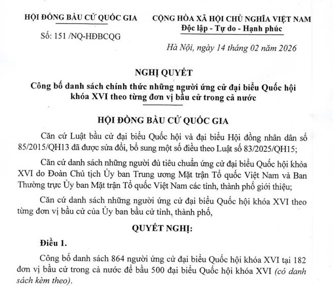 Danh sách chính thức ứng cử viên đại biểu Quốc hội Khoá XVI